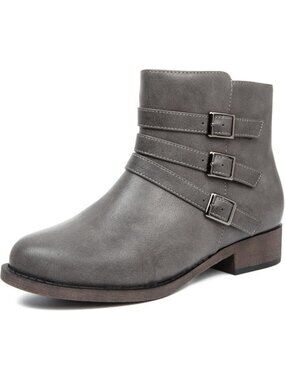 Women's Grey Ankle Boots Chunky Heel Zipper Booties Faux Leather Round Toe
